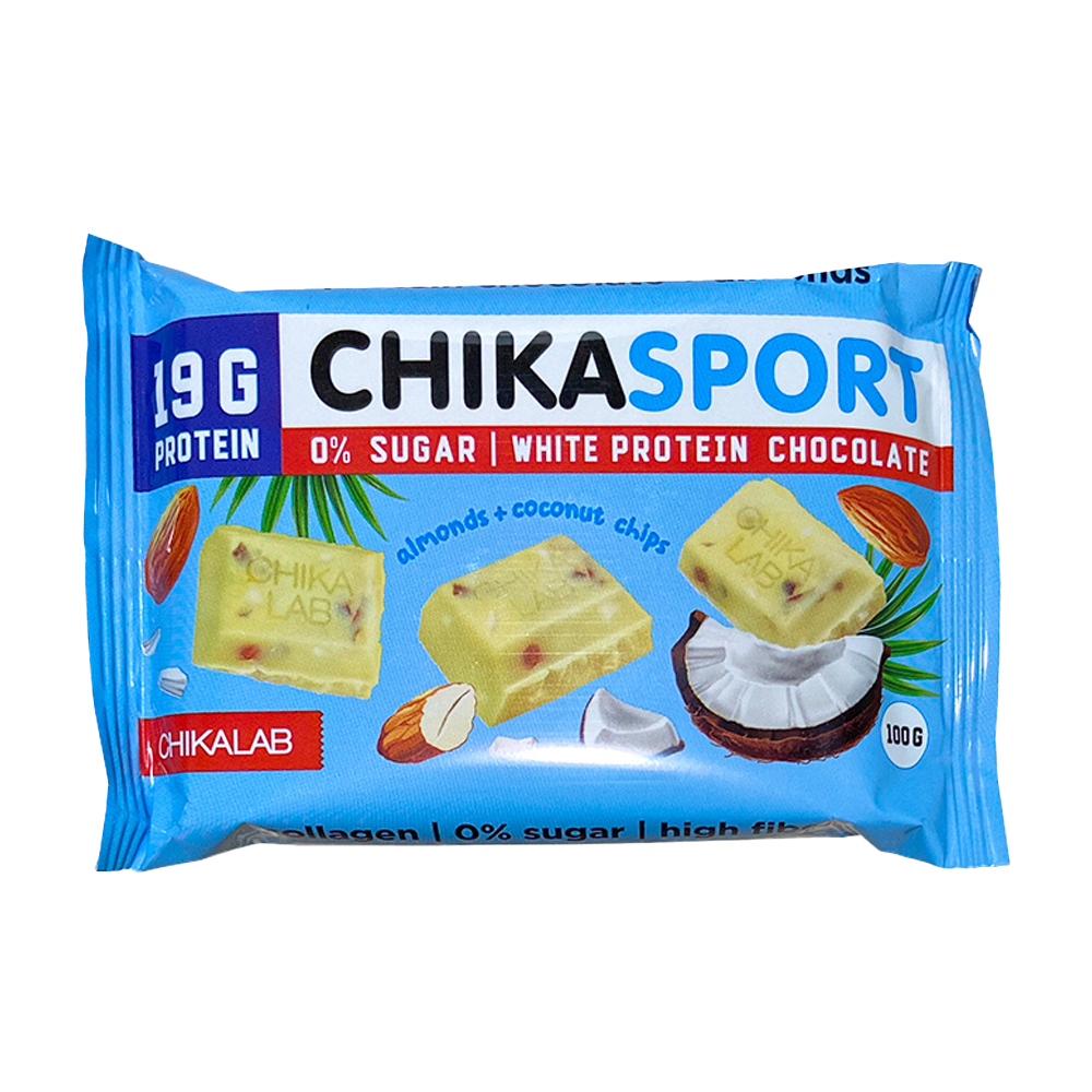 Chika Sport Протеиновый шоколад без сахара 100 гр - Белый с миндалём и кокосовыми чипсами