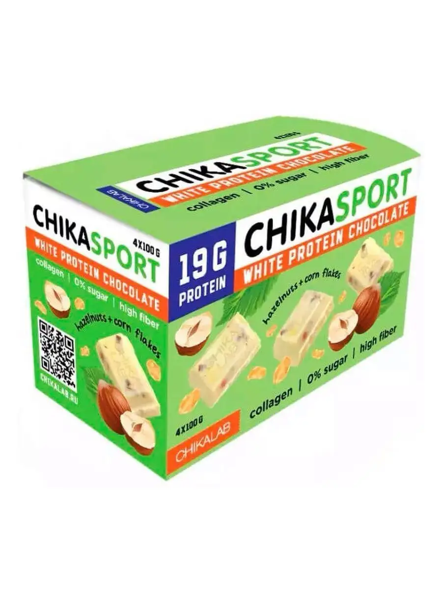 Chika Sport Протеиновый шоколад без сахара 100 гр - Белый с фундуком и кукурузными чипсами