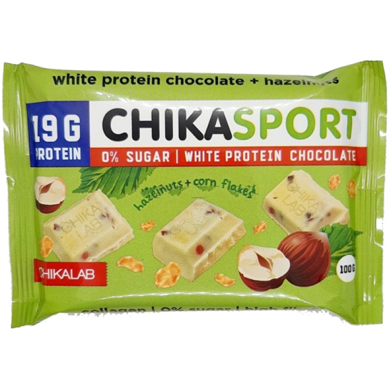 Chika Sport Протеиновый шоколад без сахара 100 гр - Белый с фундуком и кукурузными чипсами